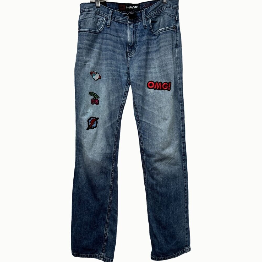 Tony Hawk Men’s Blue Straight Leg Jeans Patches Graphic Detail Size 30